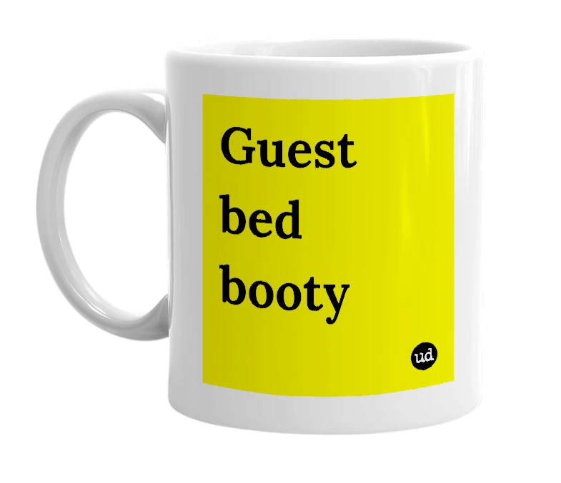 White mug with 'Guest bed booty' in bold black letters