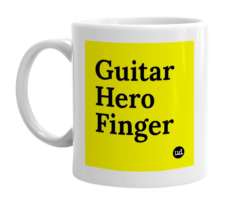 White mug with 'Guitar Hero Finger' in bold black letters