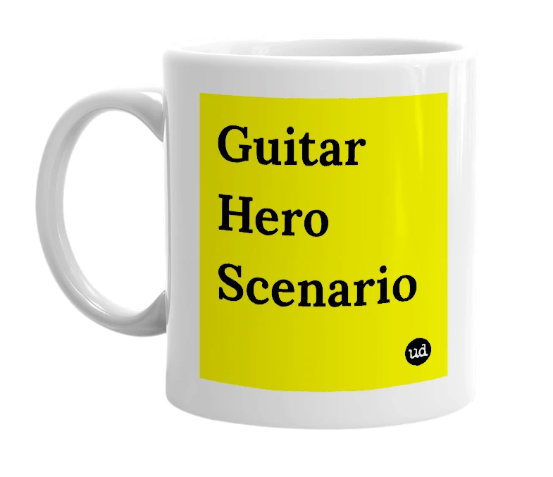 White mug with 'Guitar Hero Scenario' in bold black letters