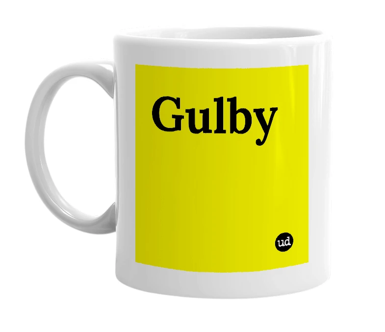 White mug with 'Gulby' in bold black letters