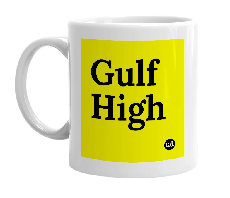 White mug with 'Gulf High' in bold black letters