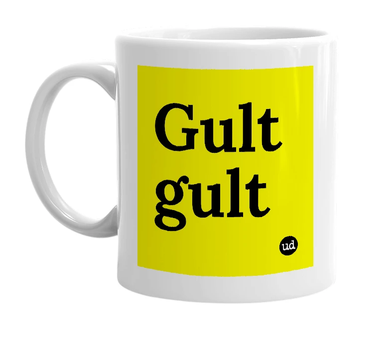 White mug with 'Gult gult' in bold black letters