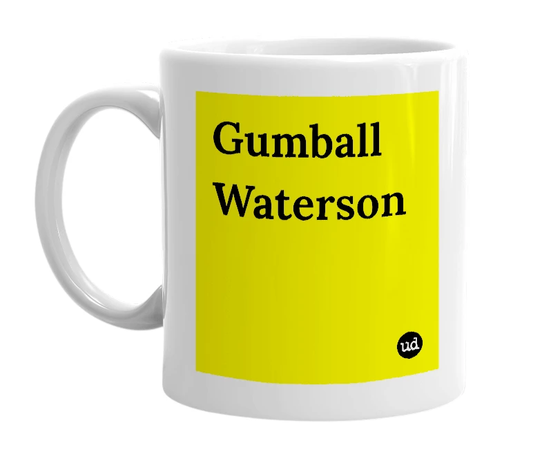 White mug with 'Gumball Waterson' in bold black letters