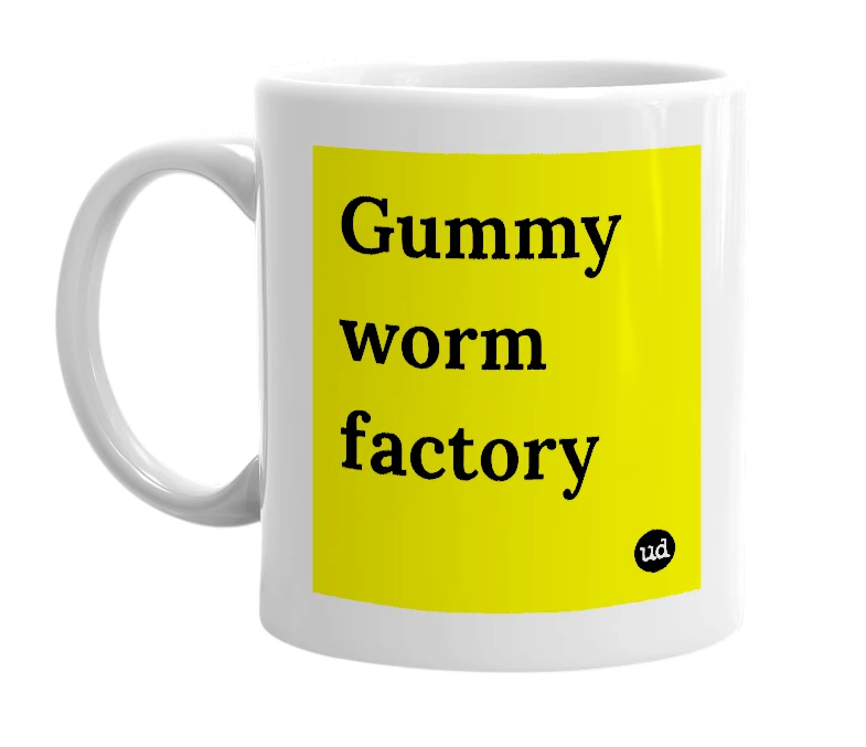 White mug with 'Gummy worm factory' in bold black letters