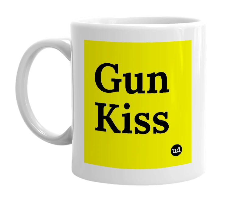 White mug with 'Gun Kiss' in bold black letters
