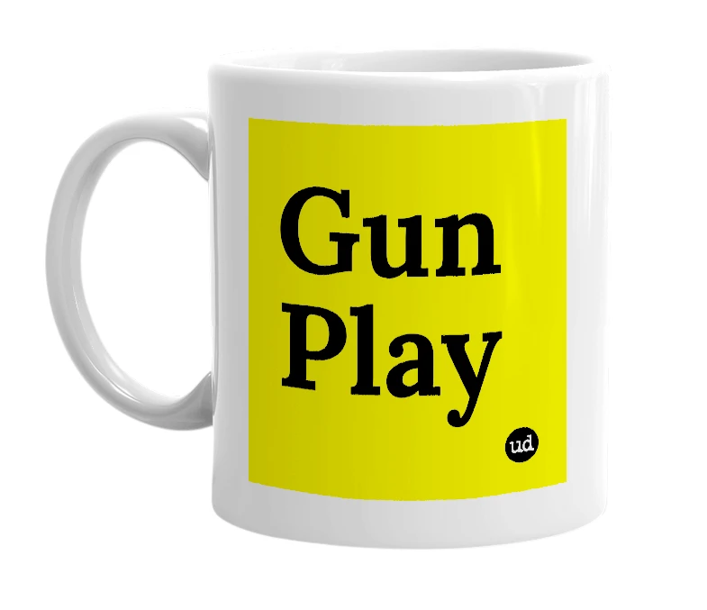 White mug with 'Gun Play' in bold black letters