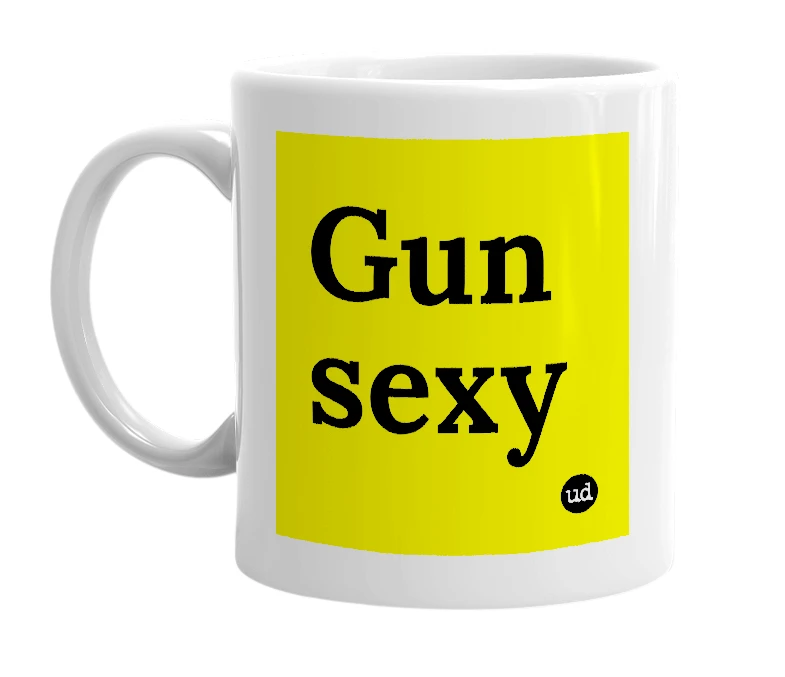 White mug with 'Gun sexy' in bold black letters