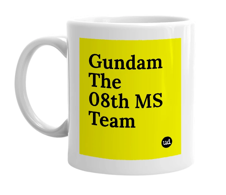 White mug with 'Gundam The 08th MS Team' in bold black letters