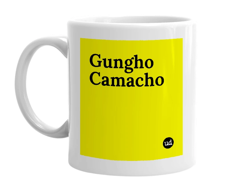 White mug with 'Gungho Camacho' in bold black letters