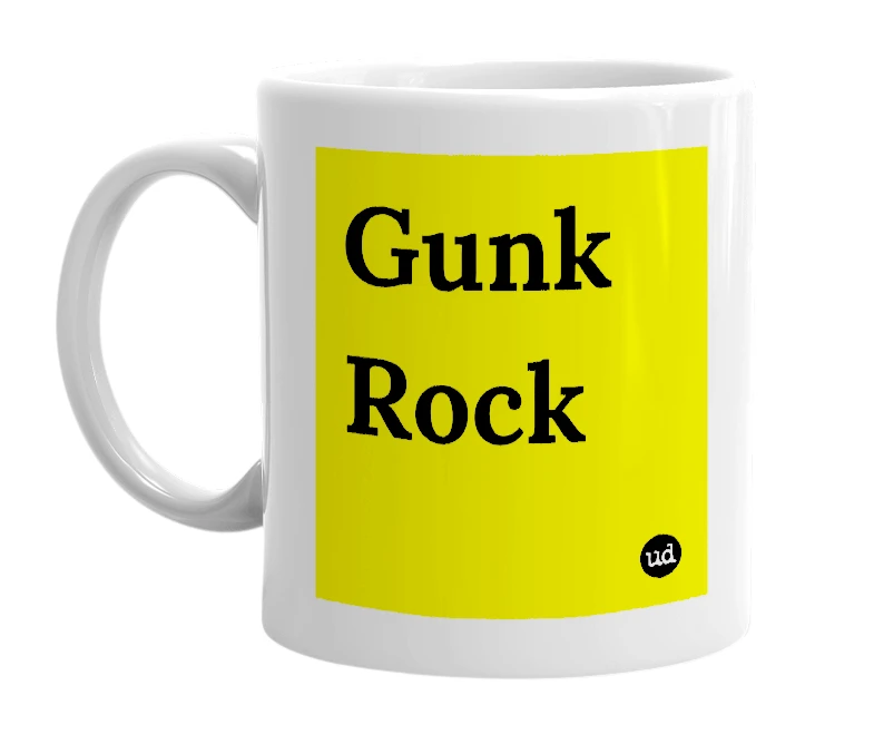 White mug with 'Gunk Rock' in bold black letters