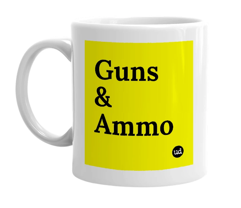 White mug with 'Guns & Ammo' in bold black letters