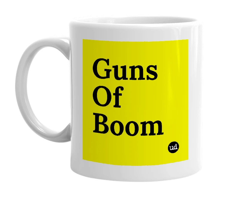 White mug with 'Guns Of Boom' in bold black letters