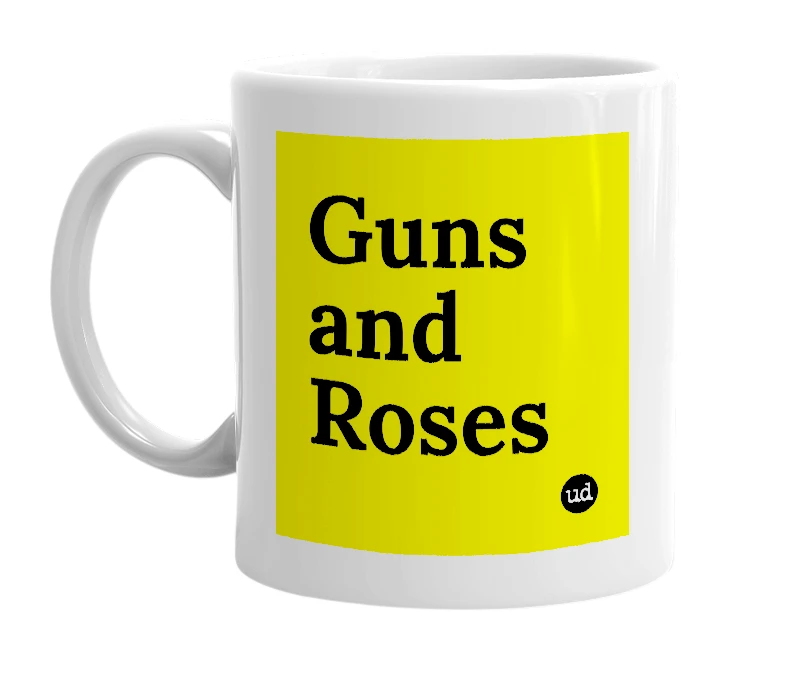 White mug with 'Guns and Roses' in bold black letters