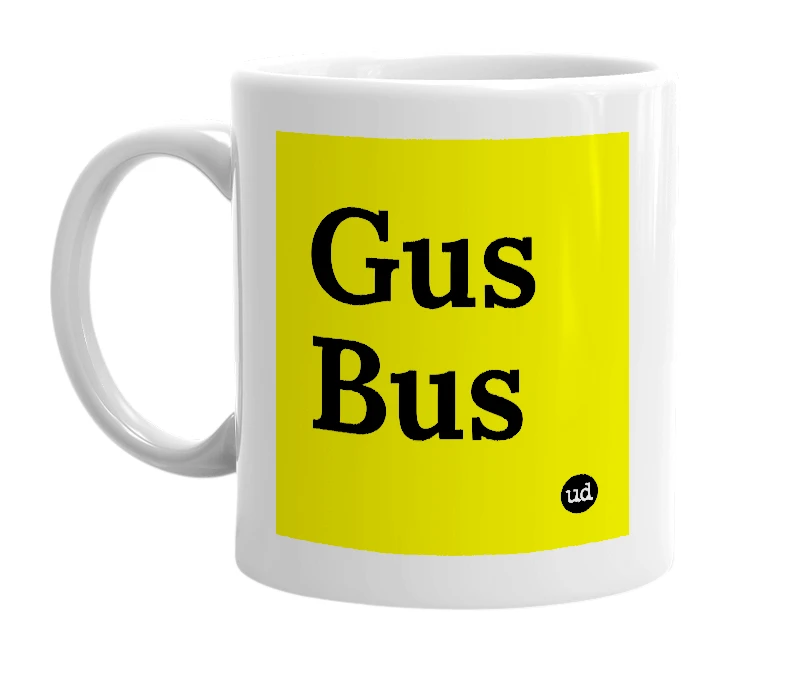 White mug with 'Gus Bus' in bold black letters