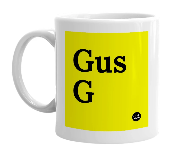 White mug with 'Gus G' in bold black letters
