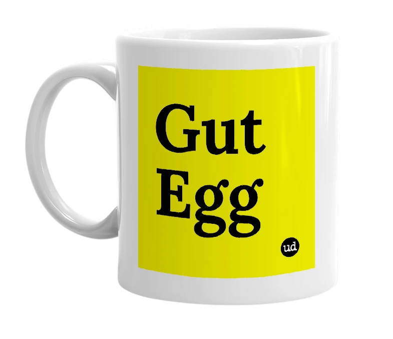White mug with 'Gut Egg' in bold black letters