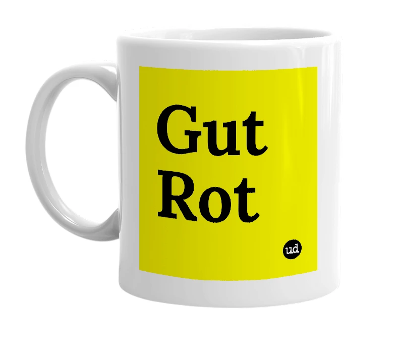 White mug with 'Gut Rot' in bold black letters