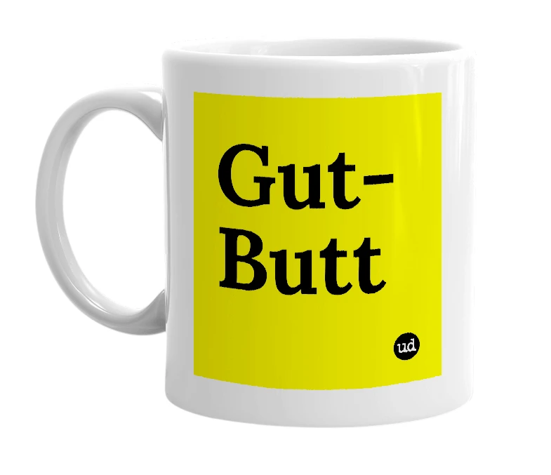 White mug with 'Gut-Butt' in bold black letters