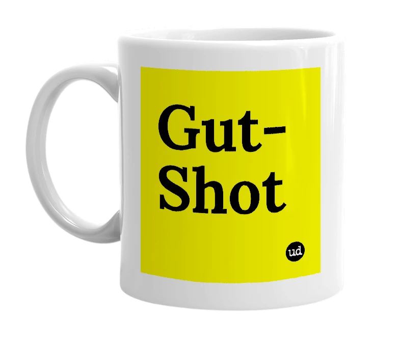 White mug with 'Gut-Shot' in bold black letters