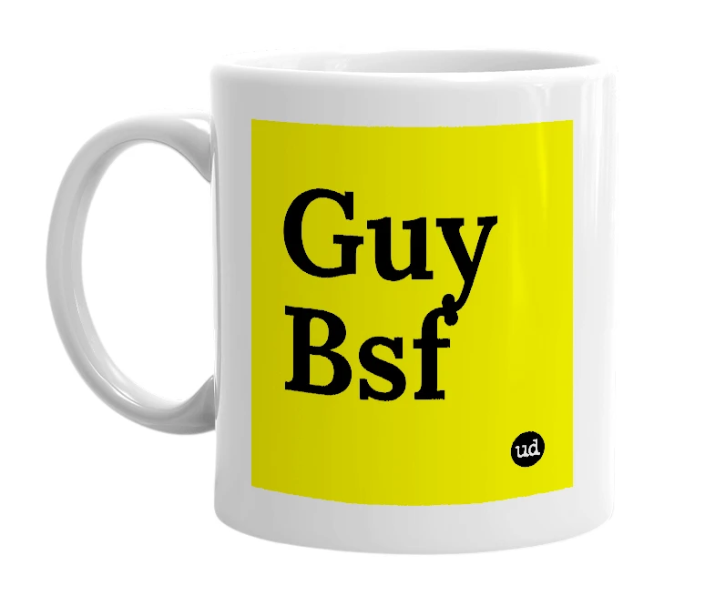 White mug with 'Guy Bsf' in bold black letters