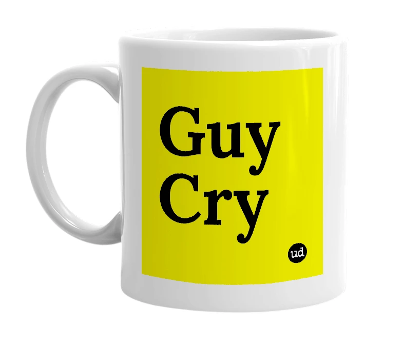 White mug with 'Guy Cry' in bold black letters