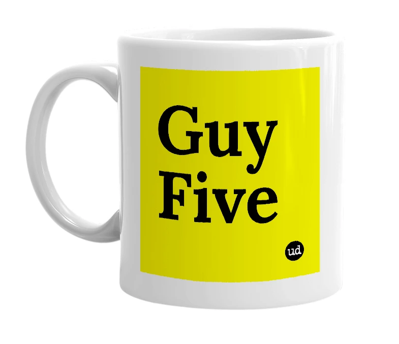 White mug with 'Guy Five' in bold black letters