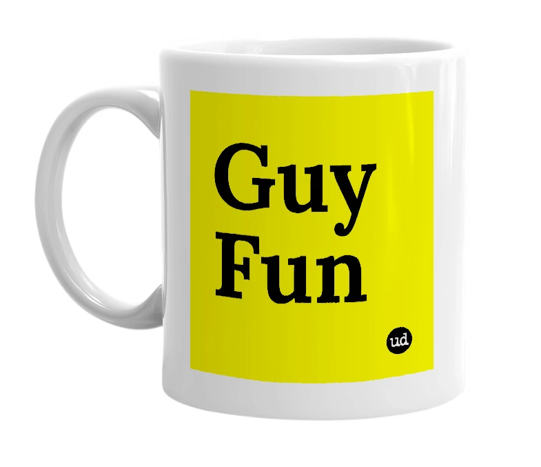 White mug with 'Guy Fun' in bold black letters