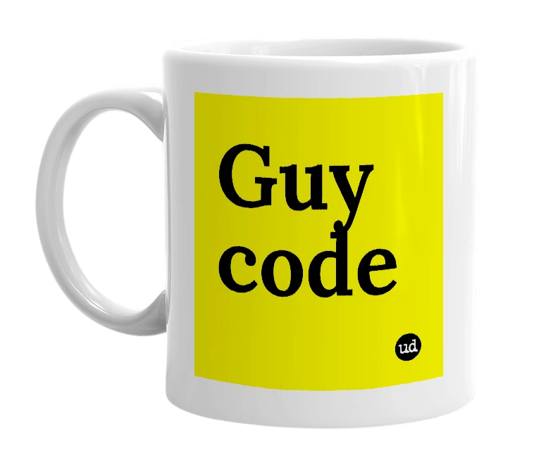 White mug with 'Guy code' in bold black letters