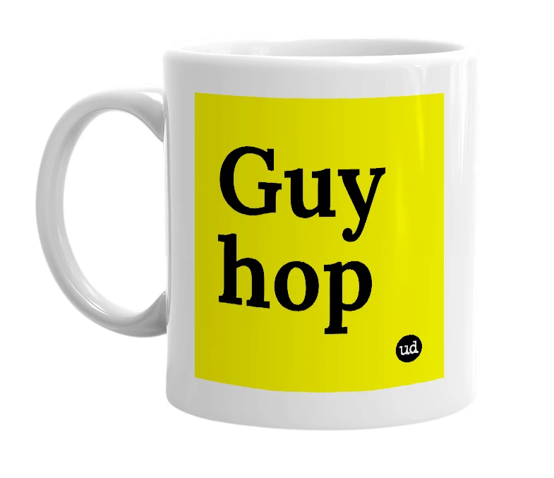 White mug with 'Guy hop' in bold black letters