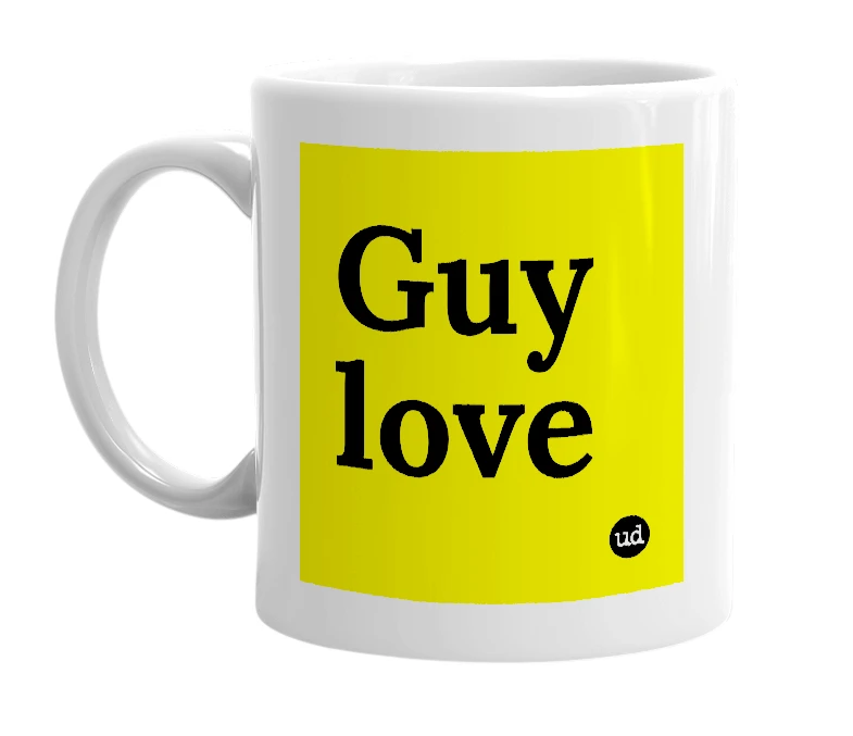 White mug with 'Guy love' in bold black letters