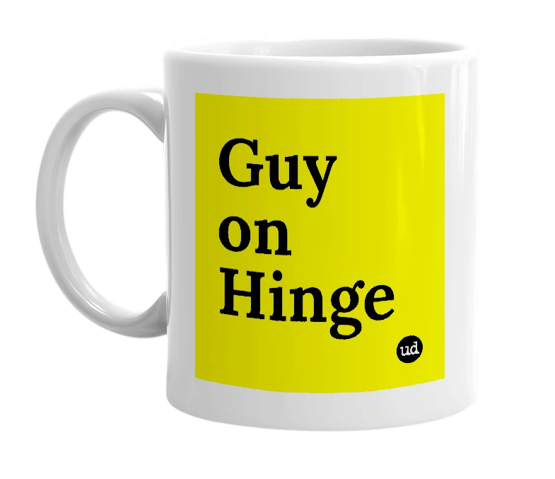 White mug with 'Guy on Hinge' in bold black letters
