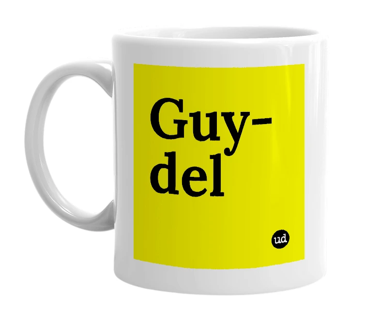 White mug with 'Guy-del' in bold black letters