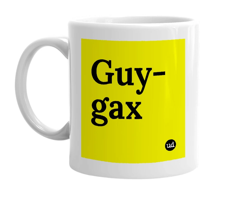 White mug with 'Guy-gax' in bold black letters