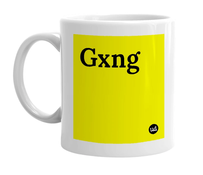 White mug with 'Gxng' in bold black letters