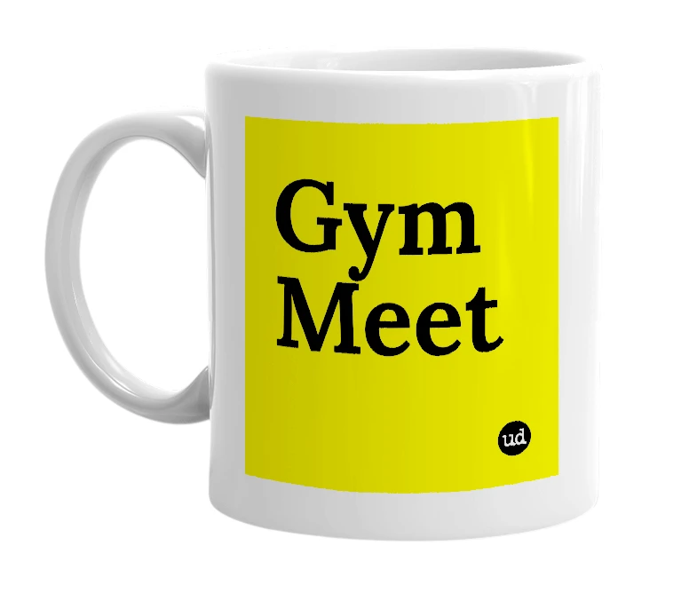 White mug with 'Gym Meet' in bold black letters