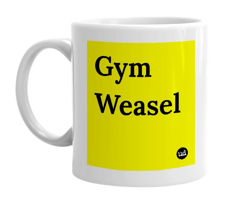 White mug with 'Gym Weasel' in bold black letters