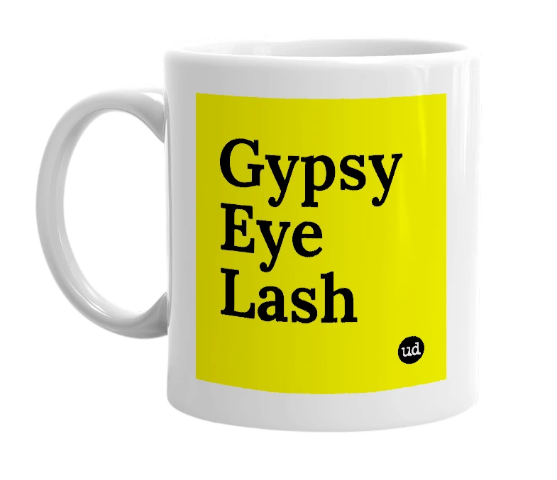 White mug with 'Gypsy Eye Lash' in bold black letters