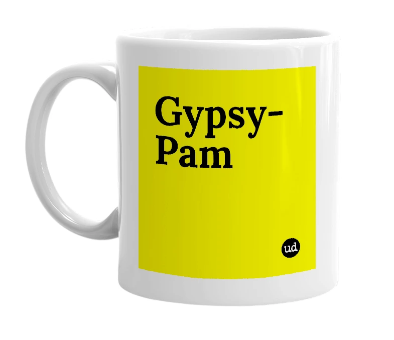 White mug with 'Gypsy-Pam' in bold black letters