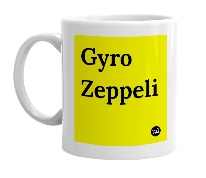 White mug with 'Gyro Zeppeli' in bold black letters