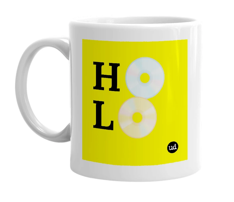 White mug with 'H💿L📀' in bold black letters