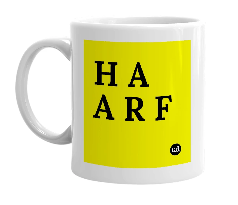 White mug with 'H A A R F' in bold black letters
