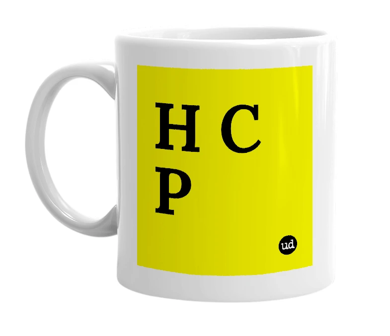 White mug with 'H C P' in bold black letters