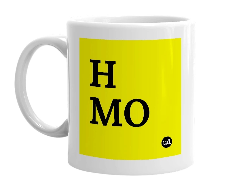 White mug with 'H MO' in bold black letters