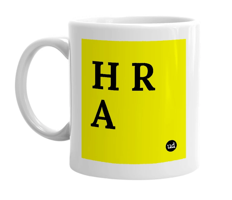 White mug with 'H R A' in bold black letters