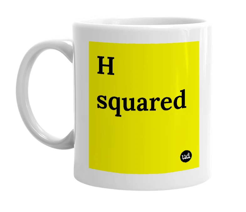 White mug with 'H squared' in bold black letters