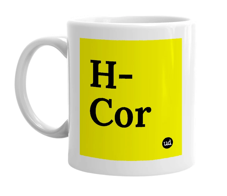 White mug with 'H-Cor' in bold black letters