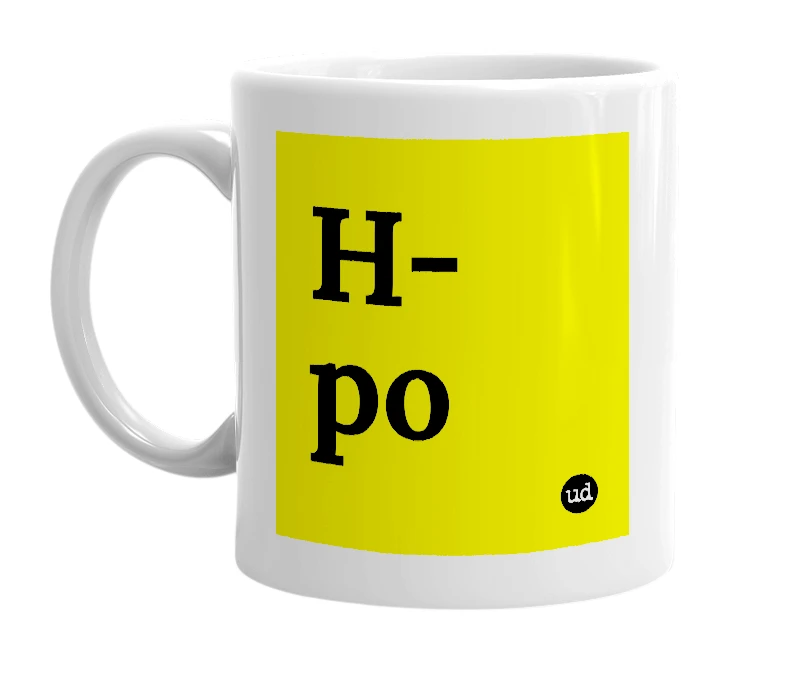 White mug with 'H-po' in bold black letters