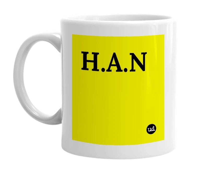 White mug with 'H.A.N' in bold black letters