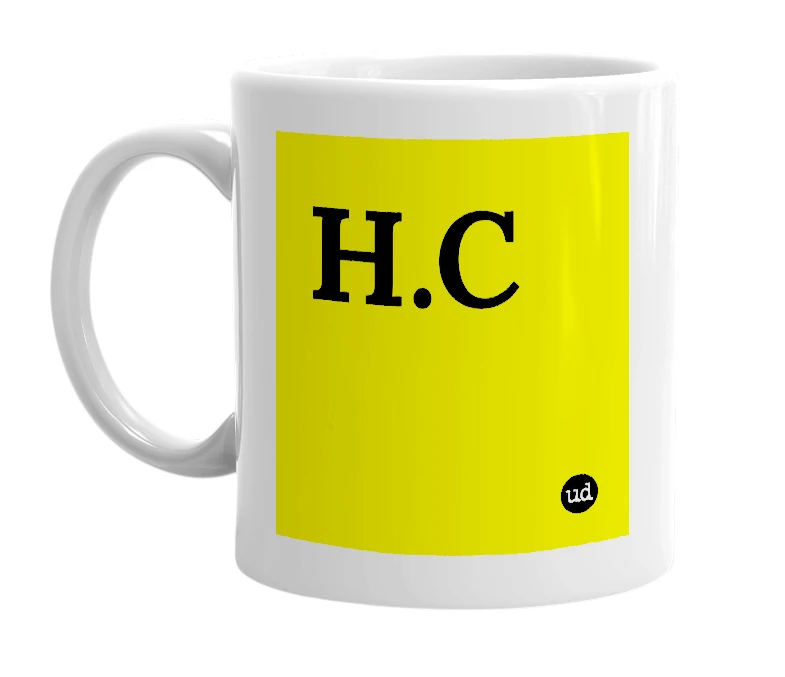 White mug with 'H.C' in bold black letters