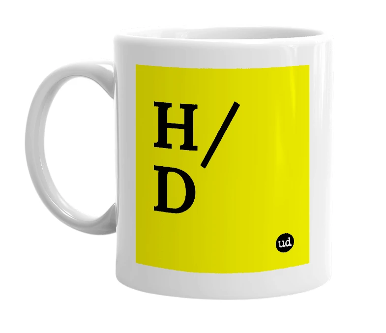 White mug with 'H/D' in bold black letters